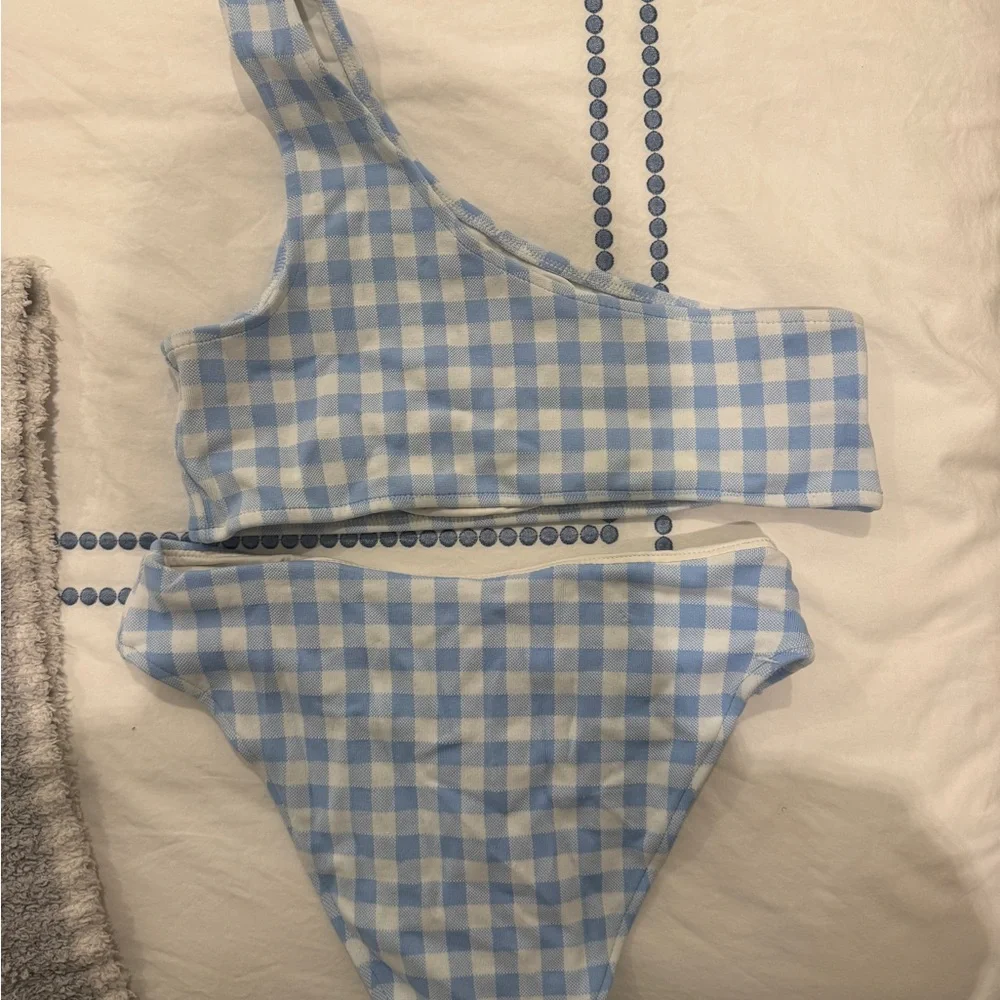 Frankie's Bikinis Sky Blue Gingham One-Shoulder and High Waisted Bottom Bikini